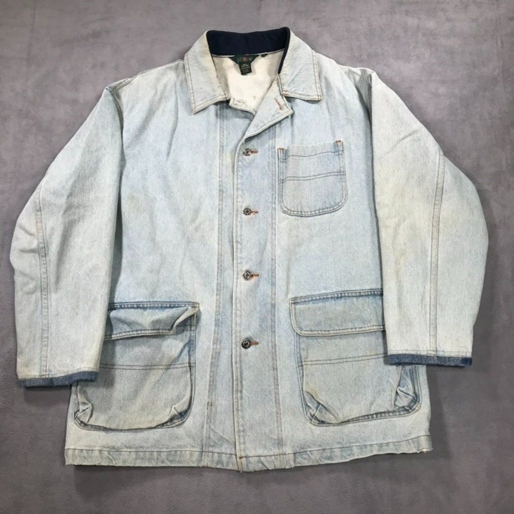 Vintage J Crew Denim Chore Barn Coat Jacket Men L Blue Distressed Preppy Y2K 90s